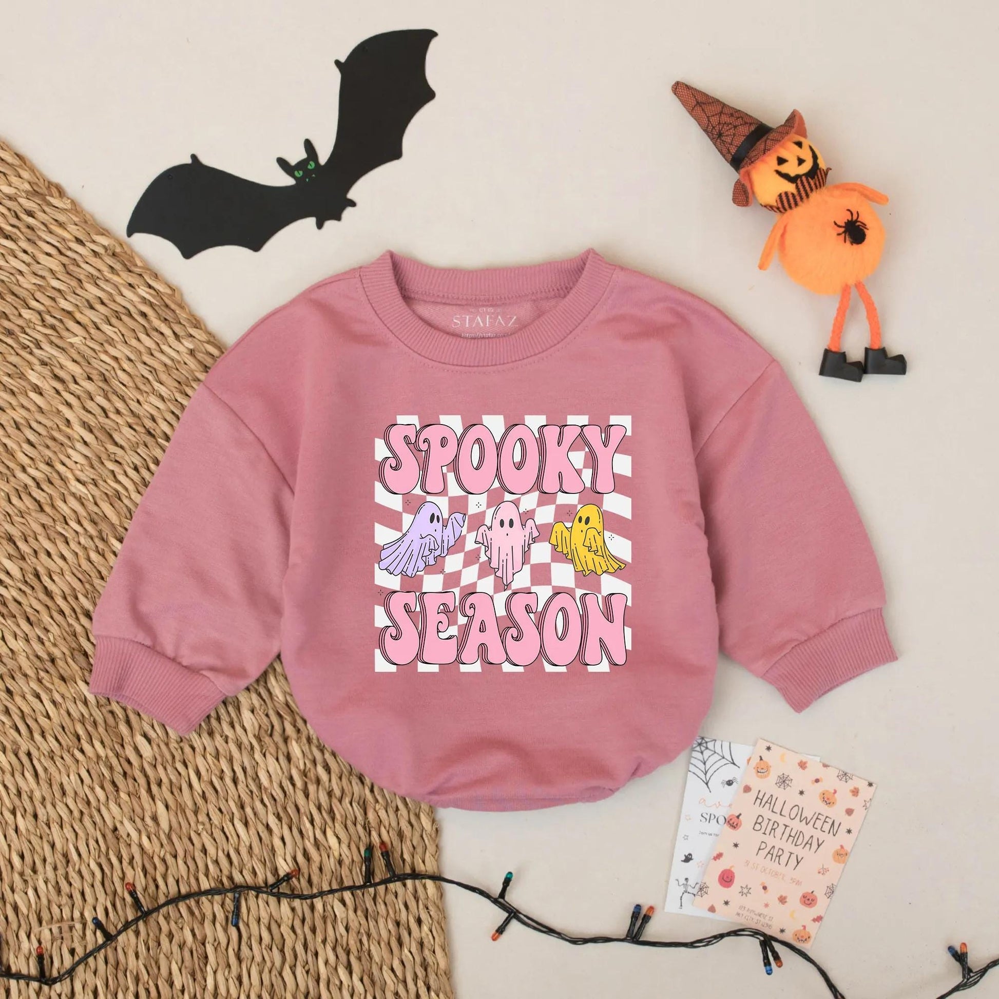 Spooky Season Baby Romper: Pastel Ghost Halloween Outfit for Baby Girl - Cute Fall Bodysuit for Infant or Toddler, Checkerboard Spooky Cute Look (138 chars)