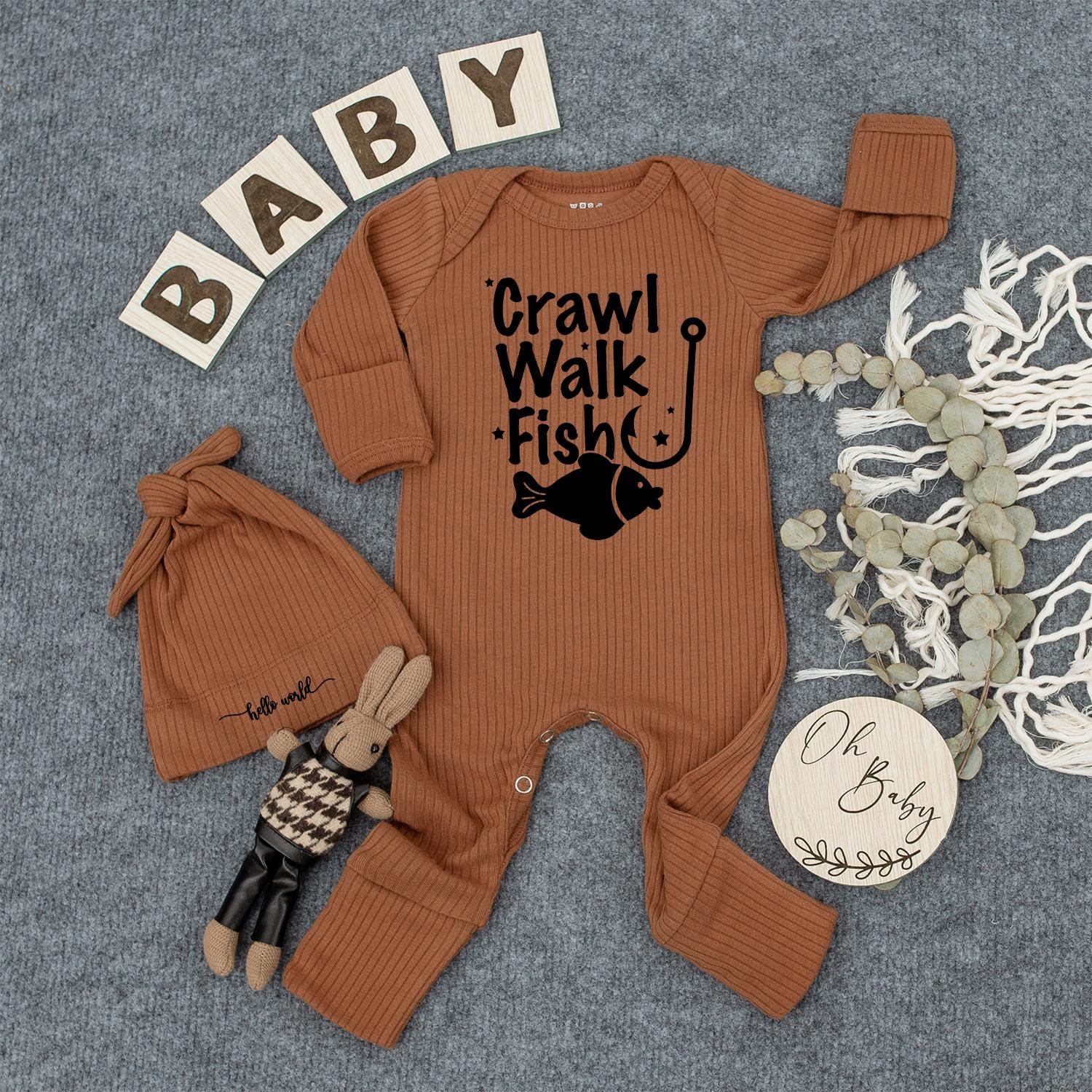 Crawl Walk Fish Baby Bodysuit & Hat Set, Cute Fishing Outfit for Newborn, Infant Boy or Girl, Coming Home Outfit, Baby Shower Gift