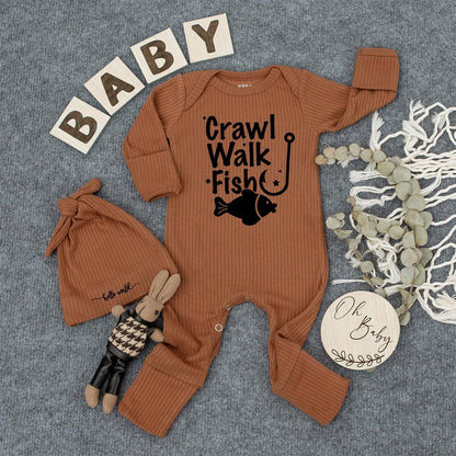 Crawl Walk Fish Baby Bodysuit & Hat Set, Cute Fishing Outfit for Newborn, Infant Boy or Girl, Coming Home Outfit, Baby Shower Gift