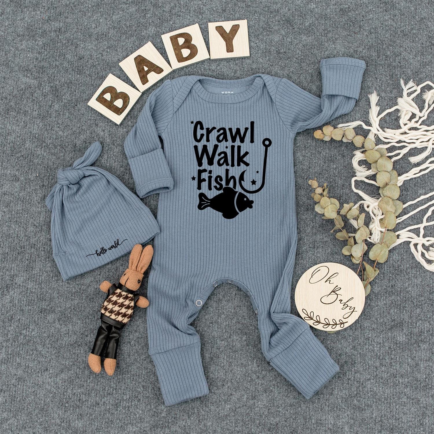 Crawl Walk Fish Baby Bodysuit & Hat Set, Cute Fishing Outfit for Newborn, Infant Boy or Girl, Coming Home Outfit, Baby Shower Gift