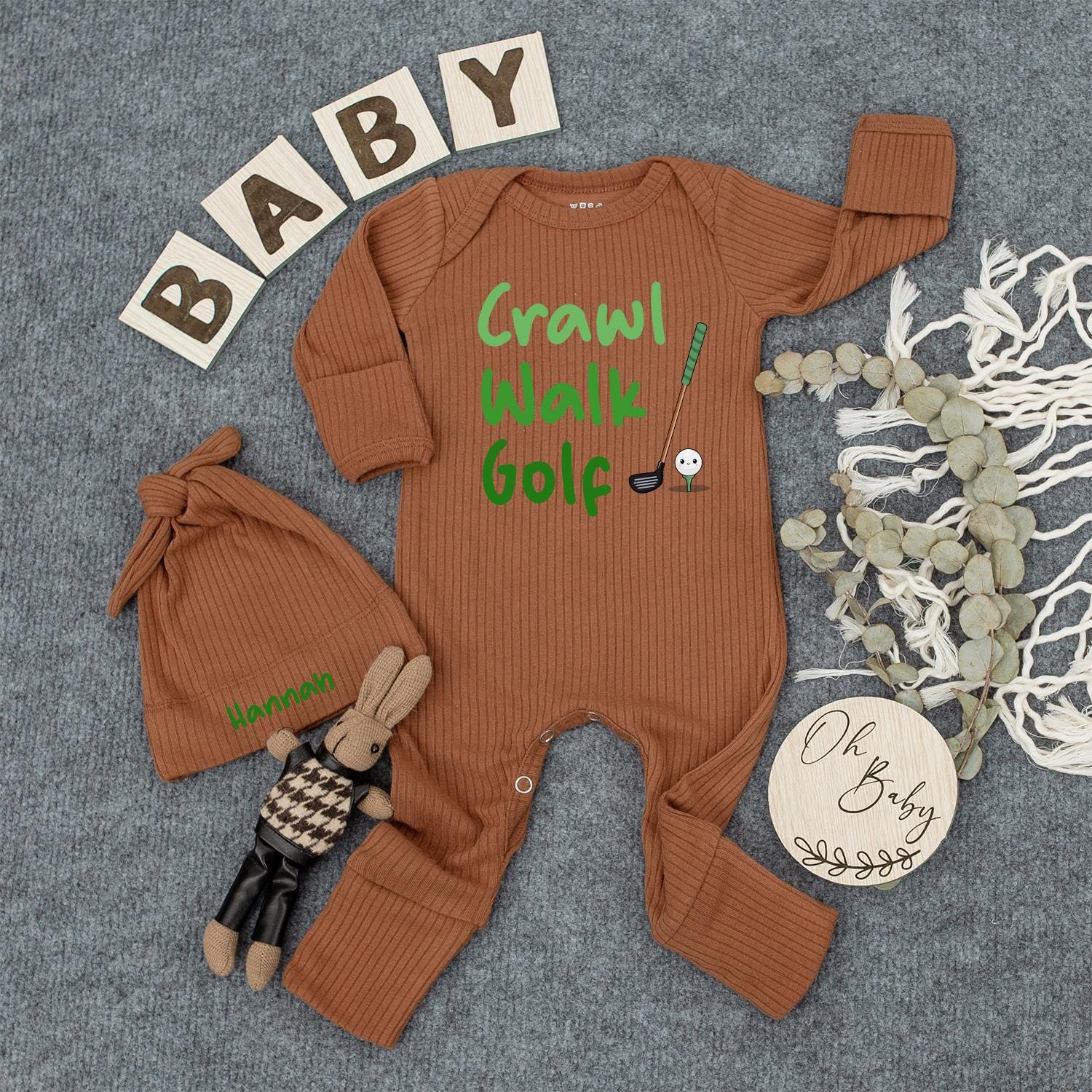 Crawl Walk Golf Baby Bodysuit & Hat Set - Future Golfer Outfit, Newborn Clothes, Cute Green & Brown Golf Design, Unique Baby Shower Gift for Golf Lovers
