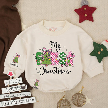 Amelia's First Christmas Baby Romper Girly Pink Green White Festive Lights Baby Girl Outfit Newborn Holiday Gift