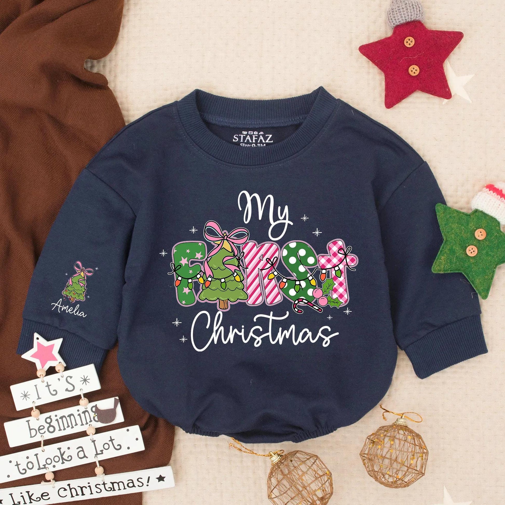 Amelia's First Christmas Baby Romper Girly Pink Green White Festive Lights Baby Girl Outfit Newborn Holiday Gift