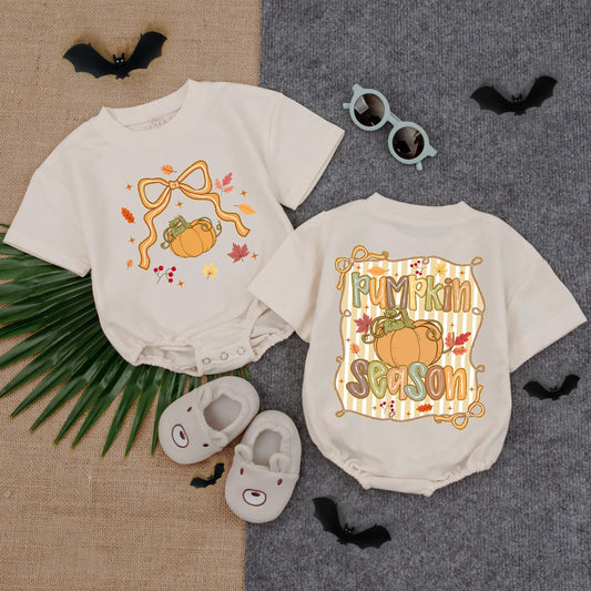 Pumpkin Season Baby Romper Golden Bow Berries Leaves Starbursts Festive Autumn Fall Vintage Baby Girl Outfit 1st Thanksgiving
