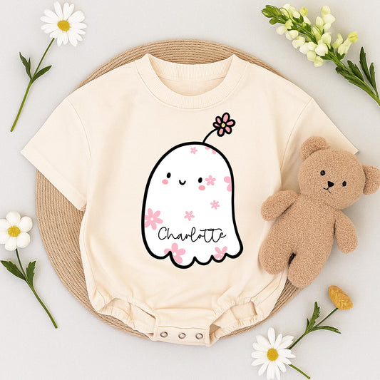 Custom Charlotte Baby Boo Ghost Romper Cute Halloween Ghost Bodysuit Pink Flowers Toddler Fall Outfit Baby Shower Gift