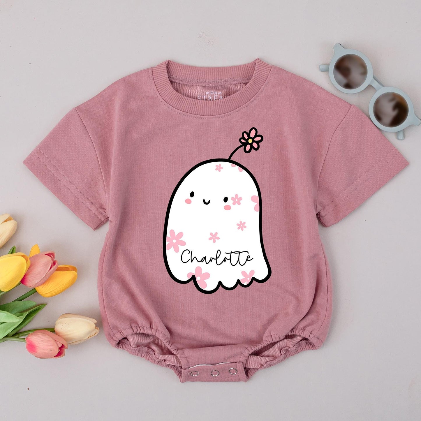 Custom Charlotte Baby Boo Ghost Romper Cute Halloween Ghost Bodysuit Pink Flowers Toddler Fall Outfit Baby Shower Gift