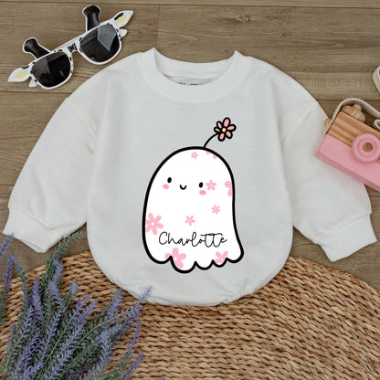 Custom Charlotte Baby Boo Ghost Romper Cute Halloween Ghost Bodysuit Pink Flowers Toddler Fall Outfit Baby Shower Gift