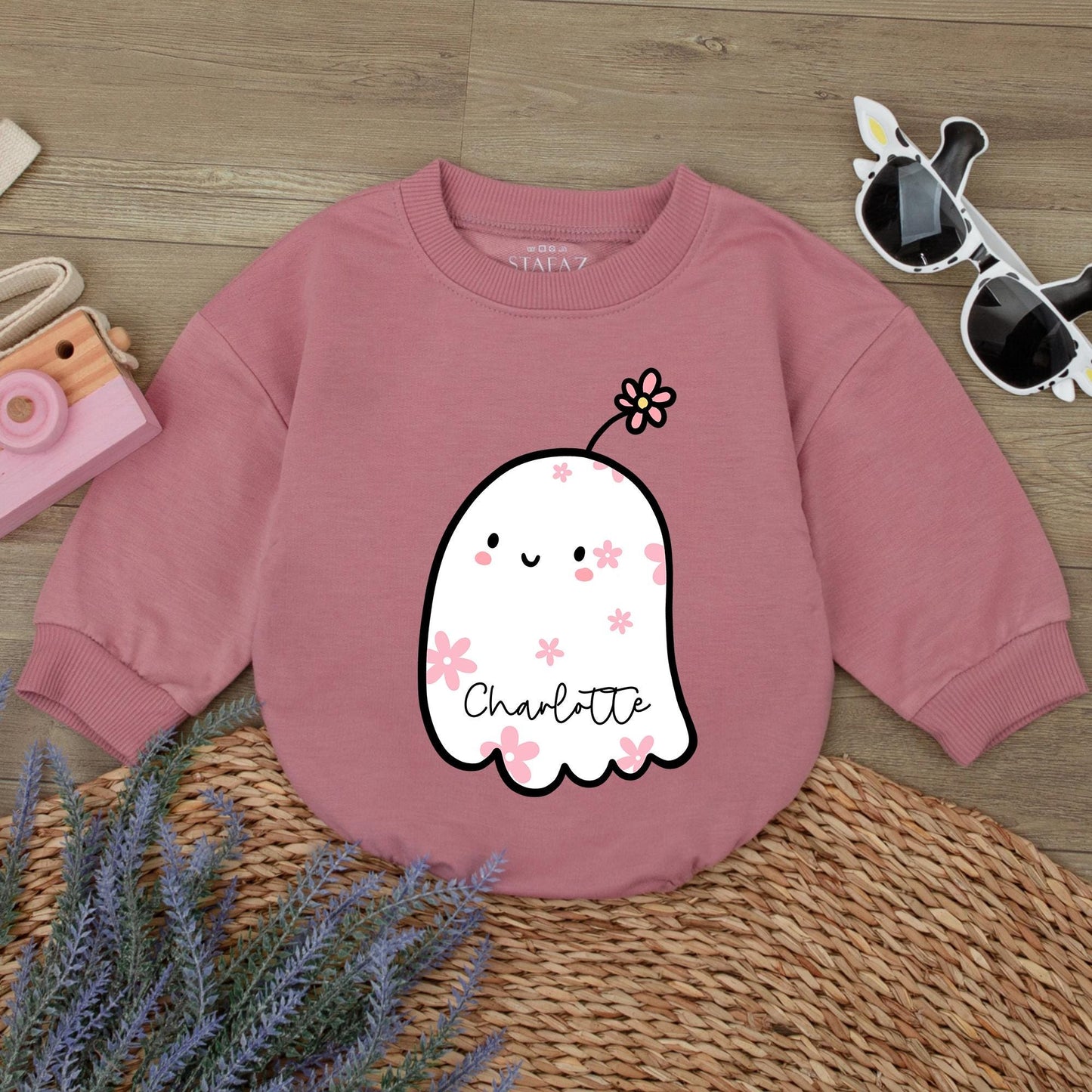Custom Charlotte Baby Boo Ghost Romper Cute Halloween Ghost Bodysuit Pink Flowers Toddler Fall Outfit Baby Shower Gift
