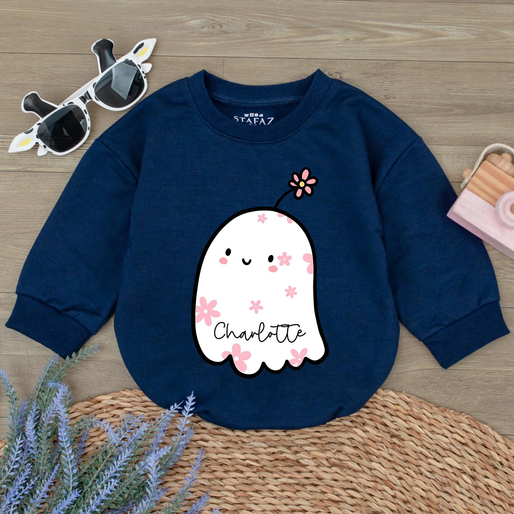 Custom Charlotte Baby Boo Ghost Romper Cute Halloween Ghost Bodysuit Pink Flowers Toddler Fall Outfit Baby Shower Gift