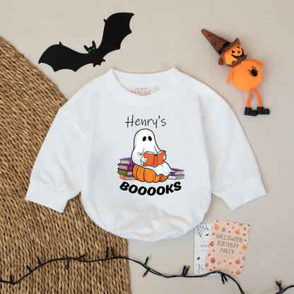 Personalized Ghost Reading Baby Romper for Book Lovers Cute Halloween Bodysuit Newborn Toddler Fall Outfit Whimsical Design with BOOOOOKS