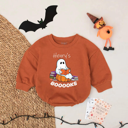 Personalized Ghost Reading Baby Romper for Book Lovers Cute Halloween Bodysuit Newborn Toddler Fall Outfit Whimsical Design with BOOOOOKS
