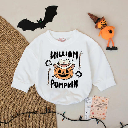 Personalized Cowboy Pumpkin Baby Romper Halloween Outfit William Pumpkin Text Western Star Hat Lasso Design Spooky Season Infant Wear