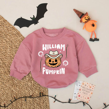 Personalized Cowboy Pumpkin Baby Romper Halloween Outfit William Pumpkin Text Western Star Hat Lasso Design Spooky Season Infant Wear