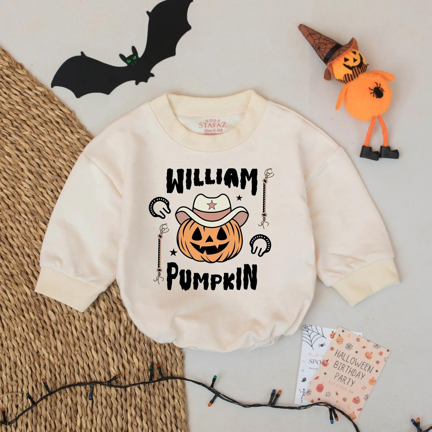 Personalized Cowboy Pumpkin Baby Romper Halloween Outfit William Pumpkin Text Western Star Hat Lasso Design Spooky Season Infant Wear