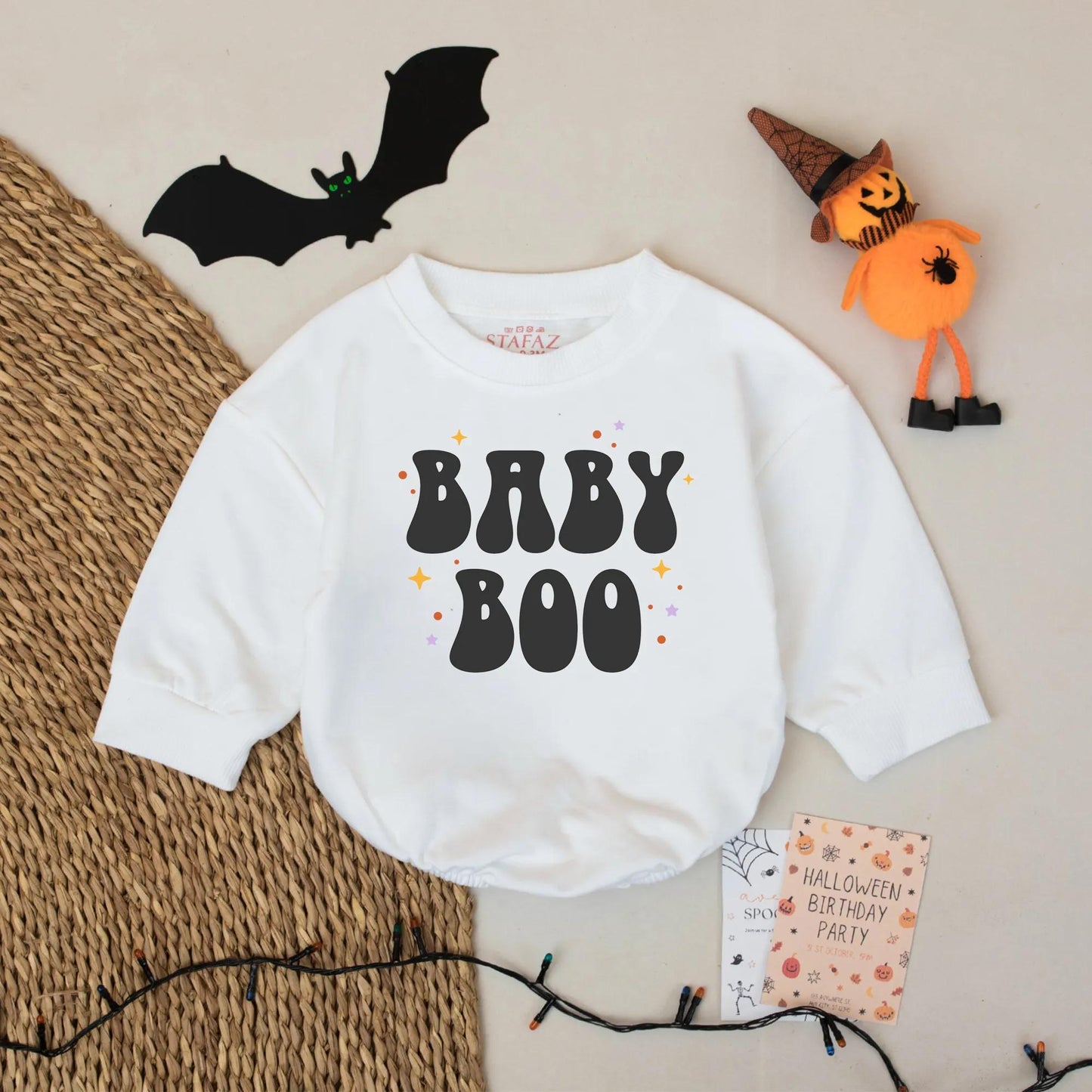 Baby Boo Retro Halloween Romper for Baby | Cute Fall Outfit with Orange & Purple Star Graphics | Baby Boy or Girl Halloween Costume