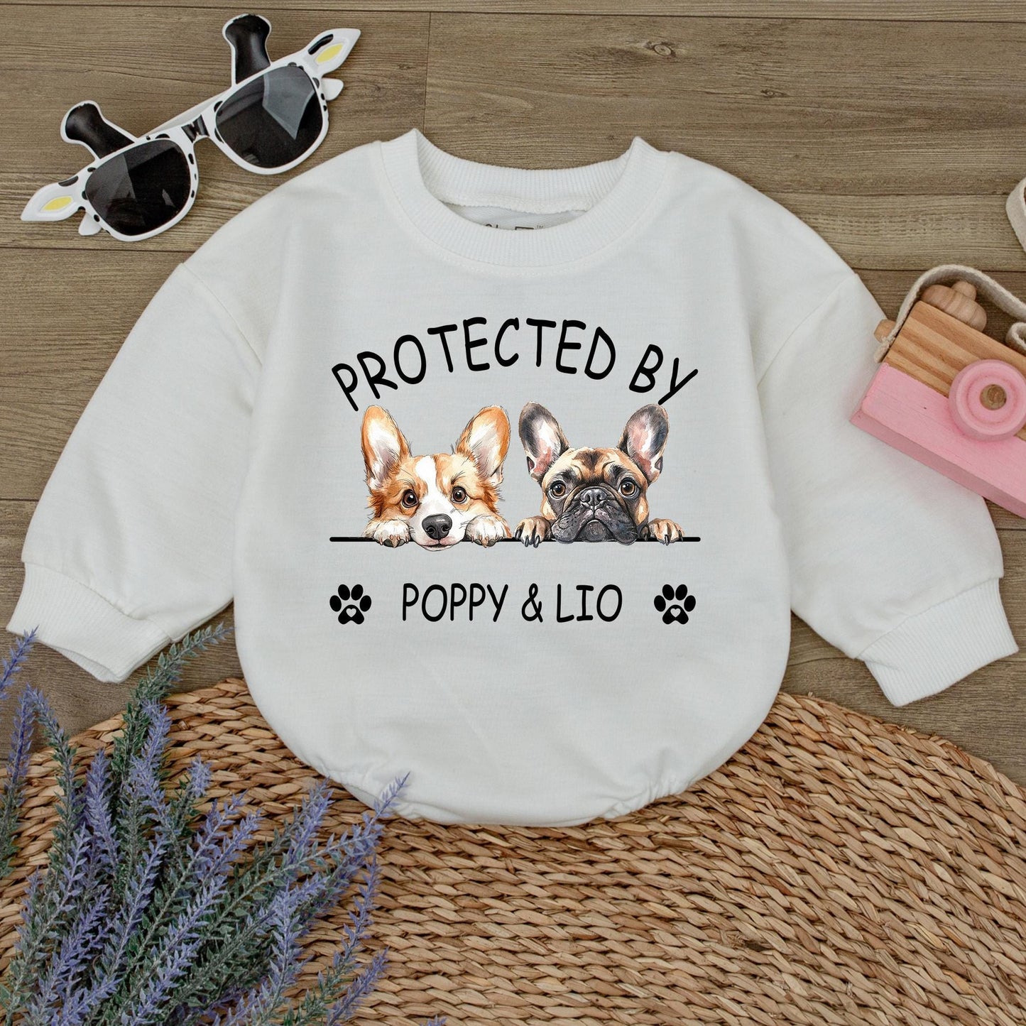 Protected by Poppy & Lio Dog Romper Custom Baby Gift, Corgi Frenchie Design Puppy Outfit Newborn Boy Girl, Personalized Baby Announcement, Unique