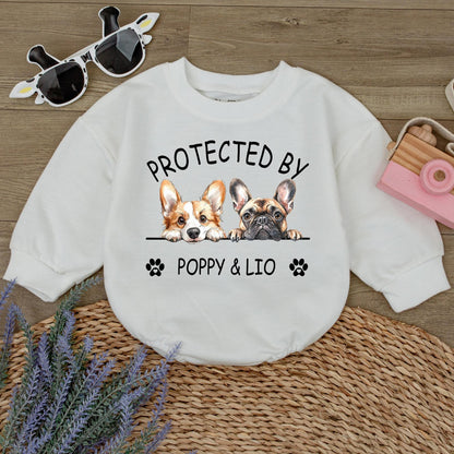 Protected by Poppy & Lio Dog Romper Custom Baby Gift, Corgi Frenchie Design Puppy Outfit Newborn Boy Girl, Personalized Baby Announcement, Unique