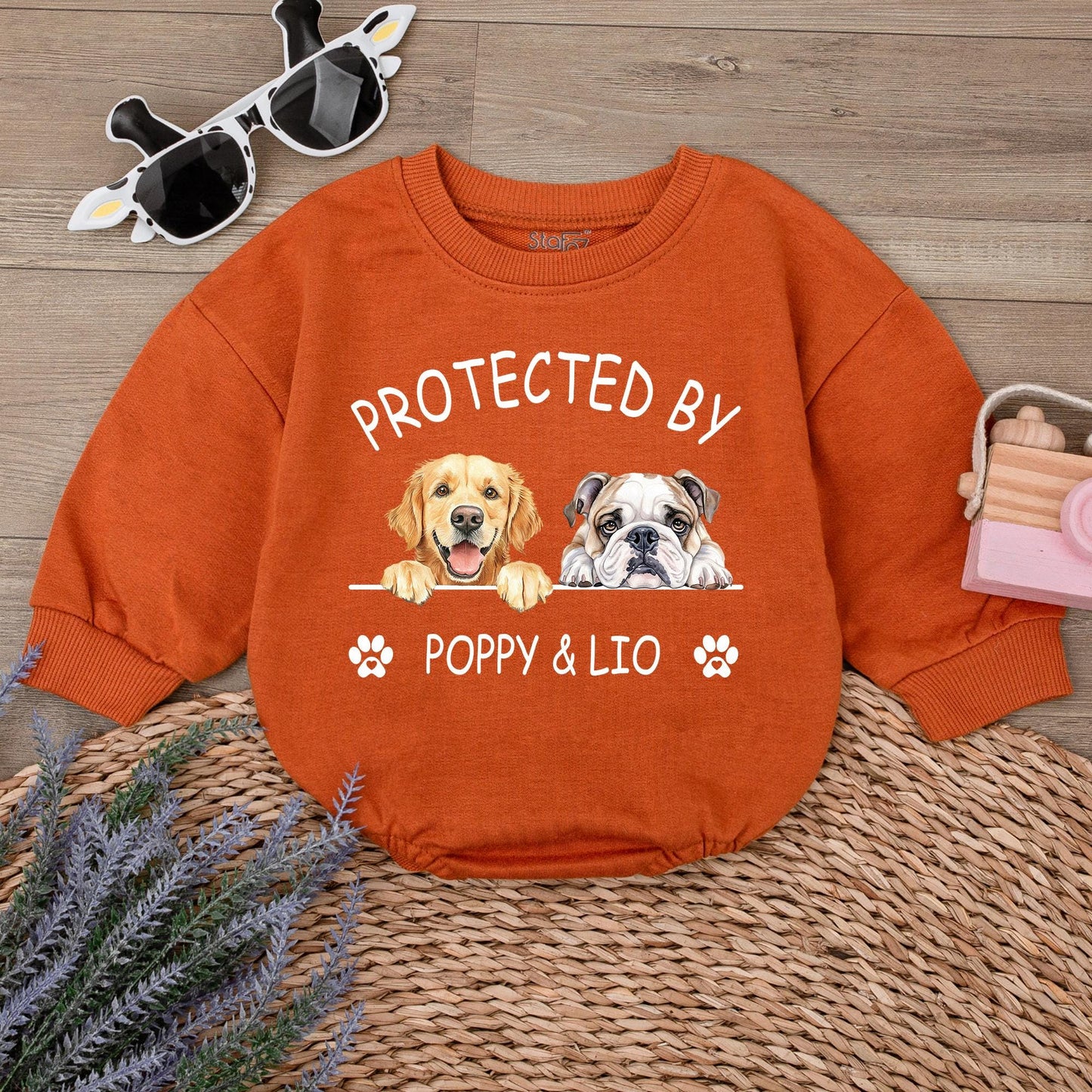 Protected by Poppy & Lio Dog Romper Custom Baby Gift, Corgi Frenchie Design Puppy Outfit Newborn Boy Girl, Personalized Baby Announcement, Unique