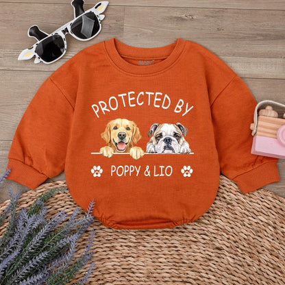 Protected by Poppy & Lio Dog Romper Custom Baby Gift, Corgi Frenchie Design Puppy Outfit Newborn Boy Girl, Personalized Baby Announcement, Unique