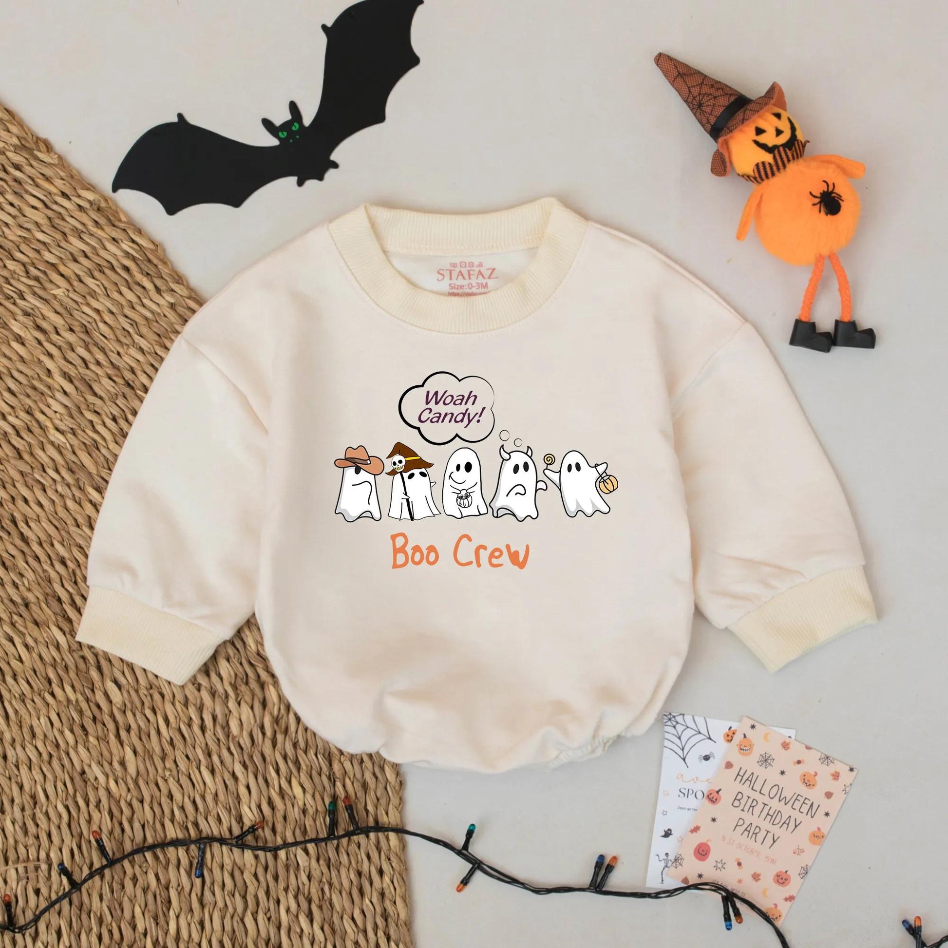 Woah Candy! Ghost Boo Crew Baby Romper: Spooky Cute Halloween Outfit with Cartoon Ghosts & Cowboy Hats, Fall Trick or Treat Bodysuit Costume Gift 139
