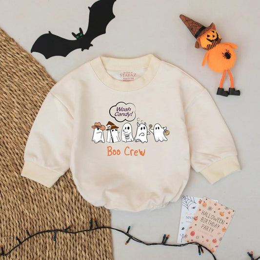 Woah Candy! Ghost Boo Crew Baby Romper: Spooky Cute Halloween Outfit with Cartoon Ghosts & Cowboy Hats, Fall Trick or Treat Bodysuit Costume Gift 139