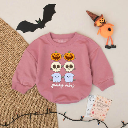 Cute Spooky Vibes Baby Romper with Ghost Pumpkin Skulls – Cozy Fall Infant Halloween Outfit Gift