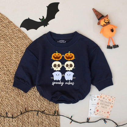 Cute Spooky Vibes Baby Romper with Ghost Pumpkin Skulls – Cozy Fall Infant Halloween Outfit Gift