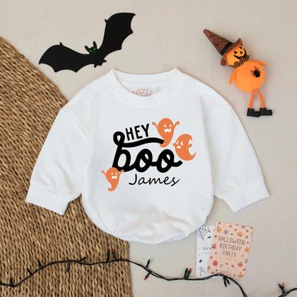 Hey Boo Ghost Personalized Baby Romper Custom Name Halloween Outfit Cute Spooky Fall Infant Bodysuit Adorable Boo Baby Gift Idea