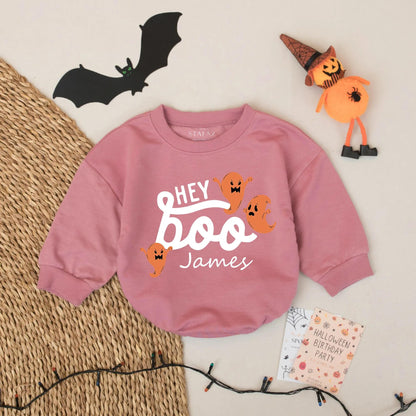 Hey Boo Ghost Personalized Baby Romper Custom Name Halloween Outfit Cute Spooky Fall Infant Bodysuit Adorable Boo Baby Gift Idea