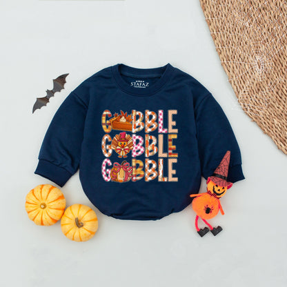 Gobble Gobble Turkey Romper Baby Girl Outfit Pink Orange Plaid Polka Dot Pumpkin Pie Pie Slice Cartoon Turkey First Thanksgiving
