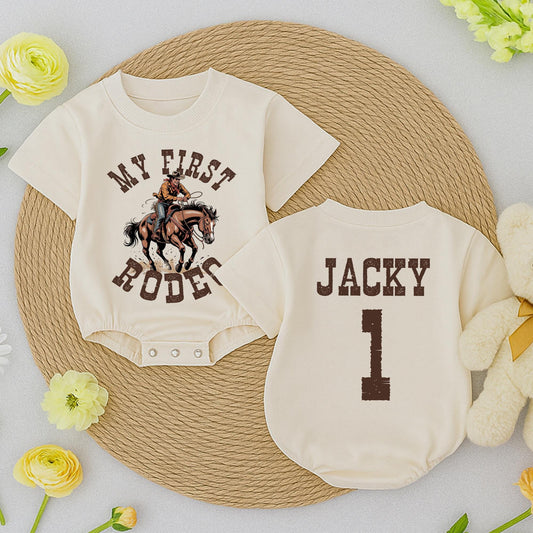 My First Rodeo Birthday Boy Romper, Jacky's 1st Birthday, Vintage Cowboy Outfit, Distressed Brown Graphic, Rustic Western Style, Baby Bubble Romper