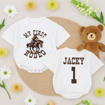 My First Rodeo Birthday Boy Romper, Jacky's 1st Birthday, Vintage Cowboy Outfit, Distressed Brown Graphic, Rustic Western Style, Baby Bubble Romper
