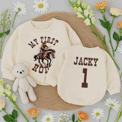 My First Rodeo Birthday Boy Romper, Jacky's 1st Birthday, Vintage Cowboy Outfit, Distressed Brown Graphic, Rustic Western Style, Baby Bubble Romper