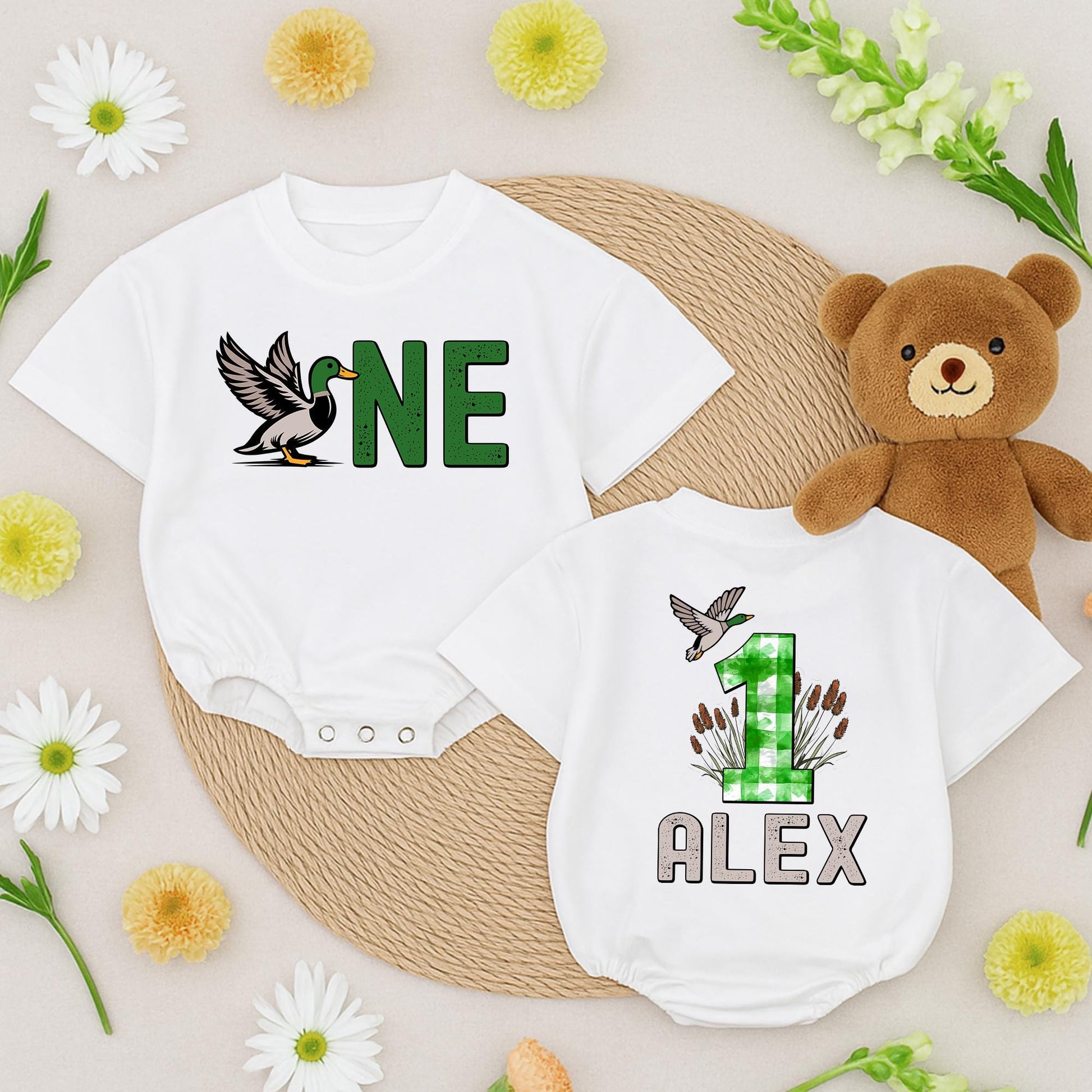 Custom Mallard Duck ONE Birthday Romper for Boys & Girls Duckling Outfits Toddler Animal Clothes Hunting Theme
