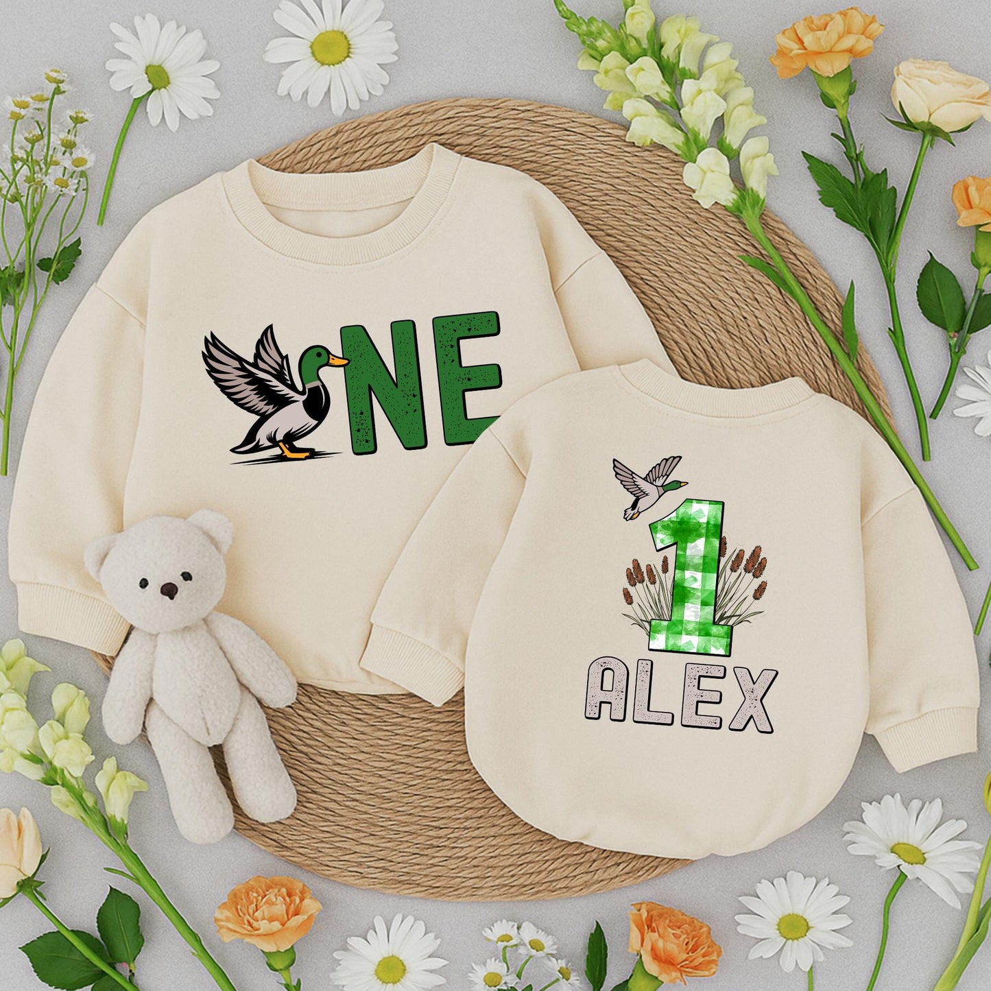 Custom Mallard Duck ONE Birthday Romper for Boys & Girls Duckling Outfits Toddler Animal Clothes Hunting Theme