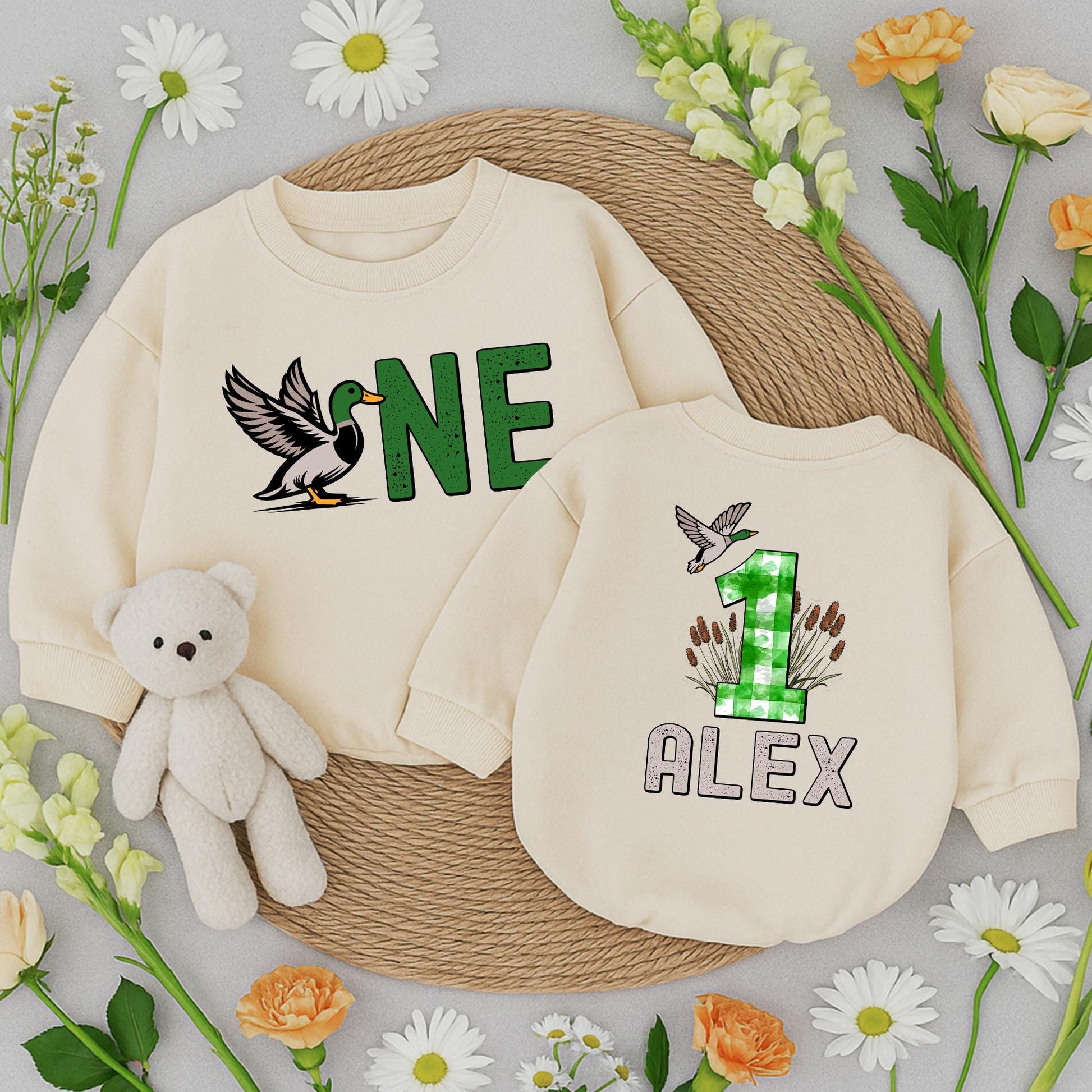 Custom Mallard Duck ONE Birthday Romper for Boys & Girls Duckling Outfits Toddler Animal Clothes Hunting Theme