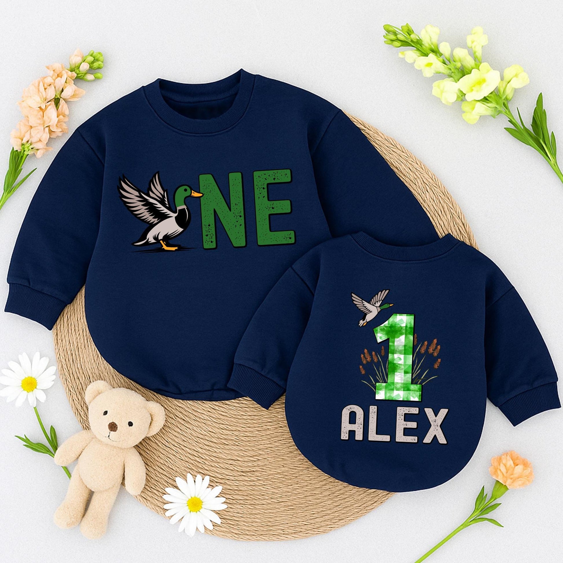 Custom Mallard Duck ONE Birthday Romper for Boys & Girls Duckling Outfits Toddler Animal Clothes Hunting Theme