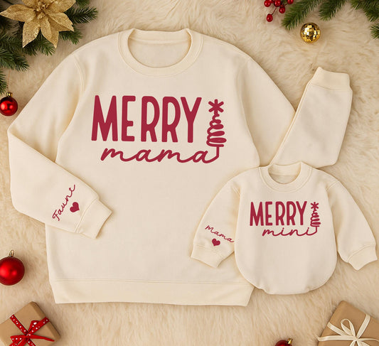 Merry Mama & Mini Matching Sweatshirt Set, Personalized Christmas Family Outfit, Cute Daughter Kid Sweatshirt, Baby Girl Holiday Gift with Name Sleeve Details