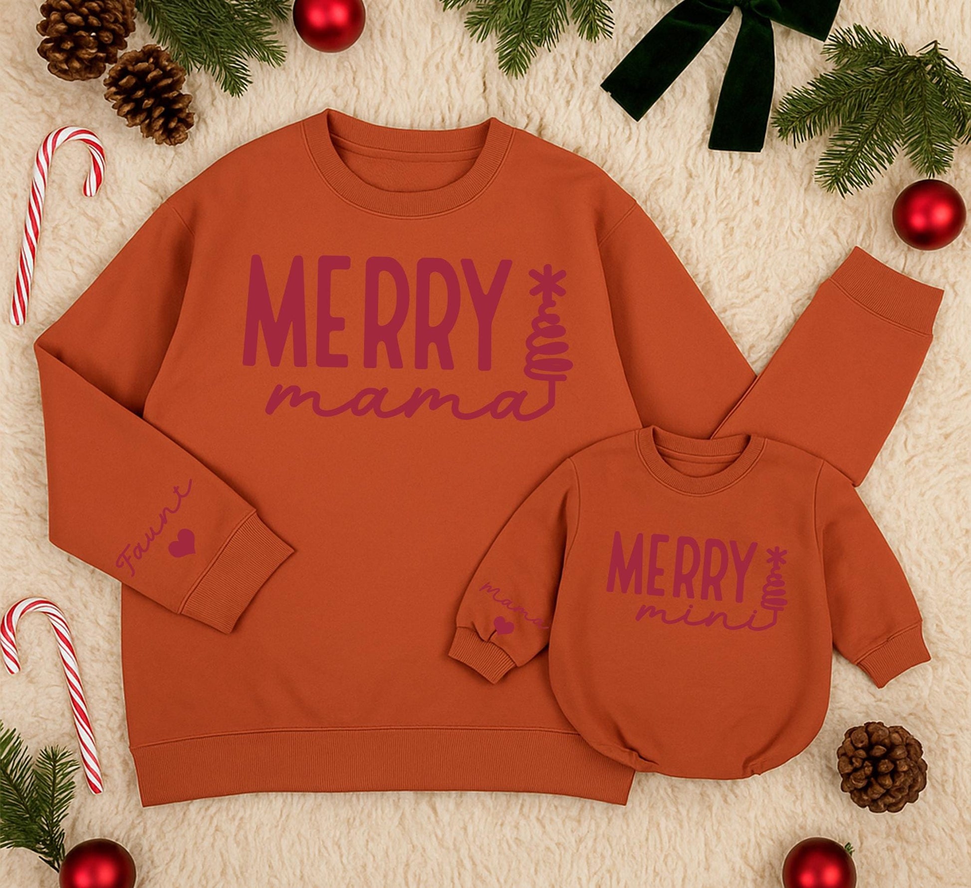 Merry Mama & Mini Matching Sweatshirt Set, Personalized Christmas Family Outfit, Cute Daughter Kid Sweatshirt, Baby Girl Holiday Gift with Name Sleeve Details