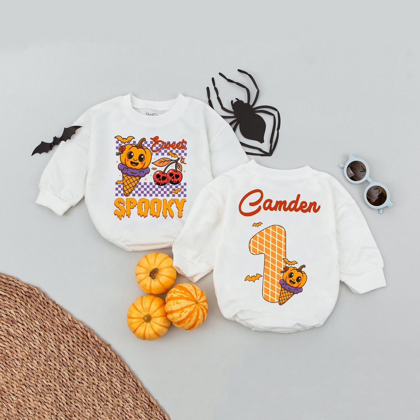 Personalized Camden Halloween Baby Romper, Sweet & Spooky Pumpkin Ice Cream Cone Design, Fall Infant Girl Outfit