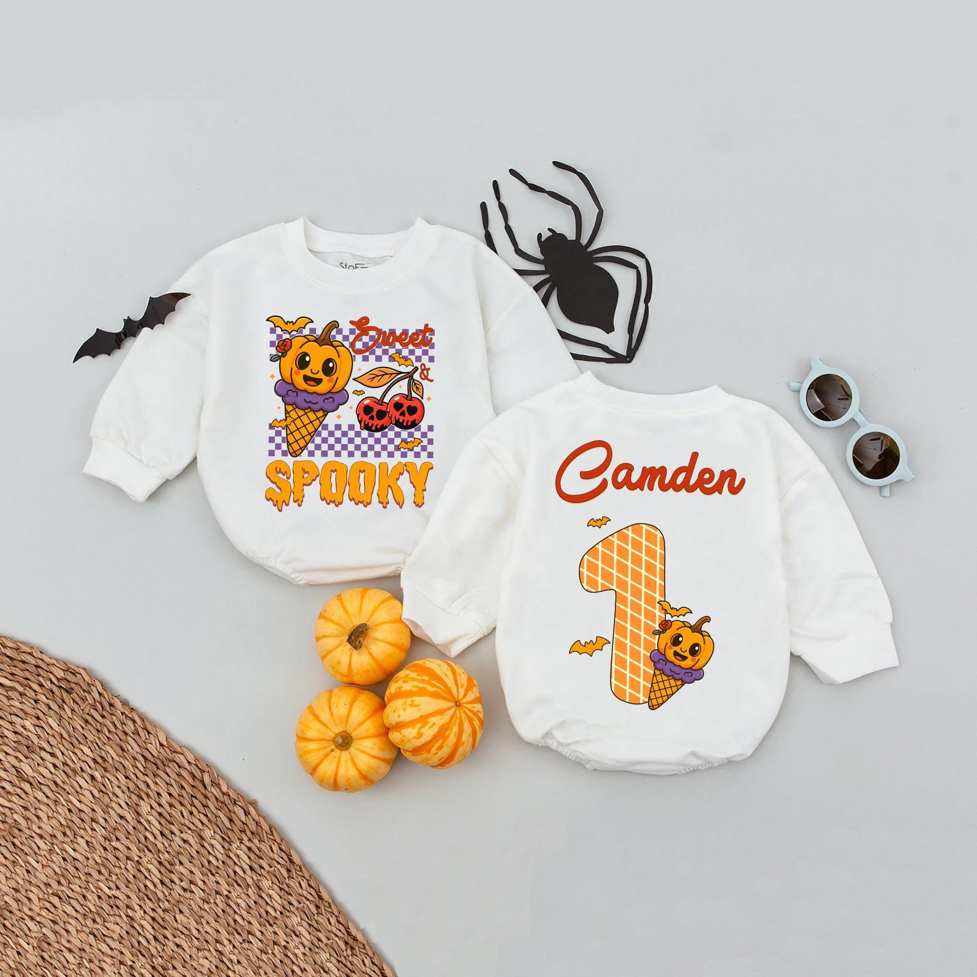 Personalized Camden Halloween Baby Romper, Sweet & Spooky Pumpkin Ice Cream Cone Design, Fall Infant Girl Outfit