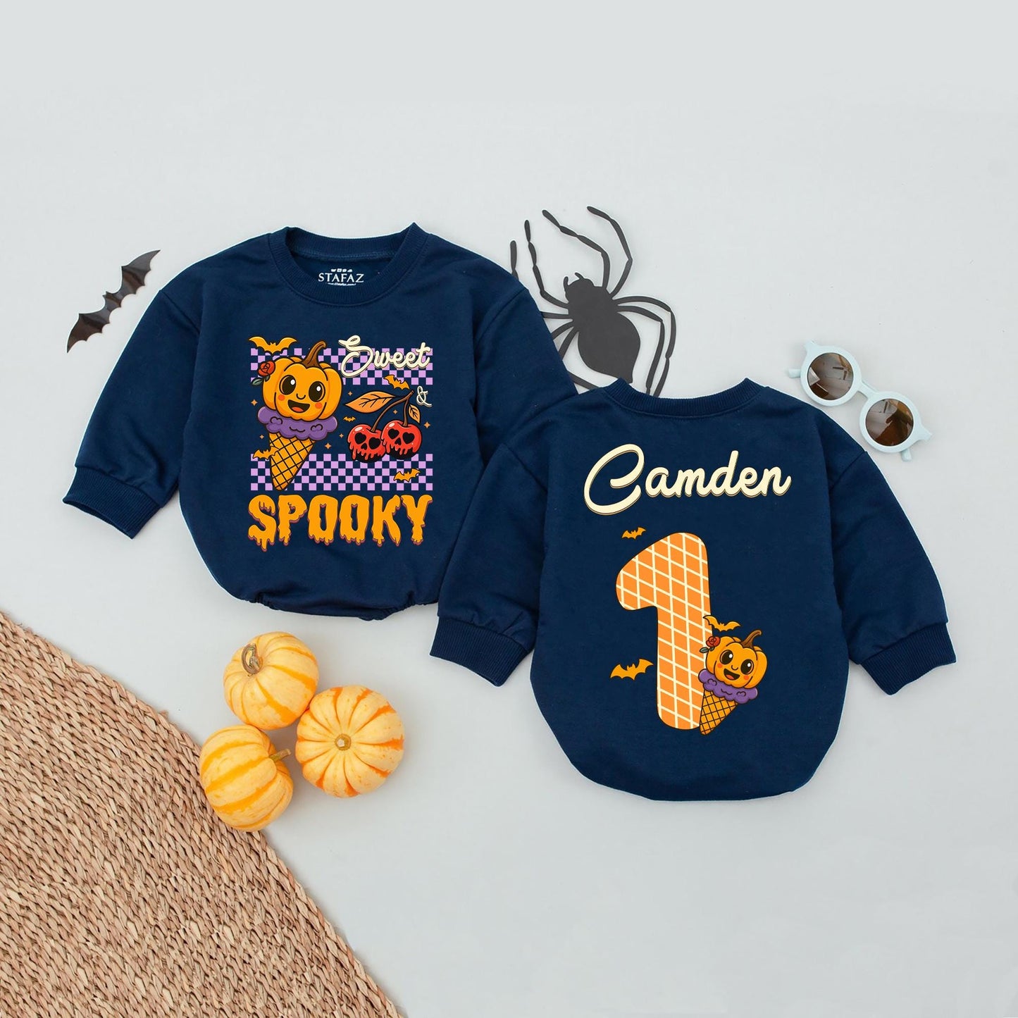 Personalized Camden Halloween Baby Romper, Sweet & Spooky Pumpkin Ice Cream Cone Design, Fall Infant Girl Outfit