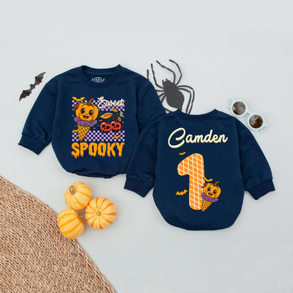 Personalized Camden Halloween Baby Romper, Sweet & Spooky Pumpkin Ice Cream Cone Design, Fall Infant Girl Outfit