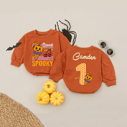 Personalized Camden Halloween Baby Romper, Sweet & Spooky Pumpkin Ice Cream Cone Design, Fall Infant Girl Outfit
