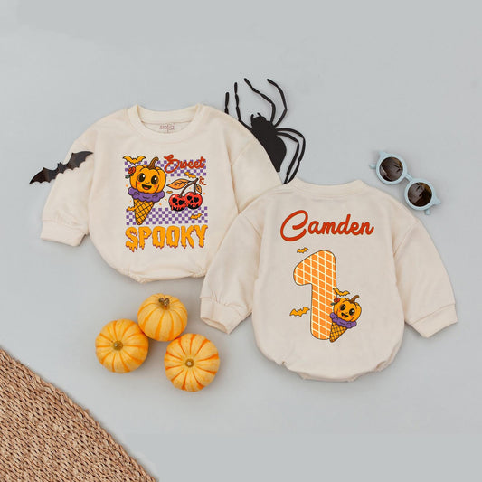 Personalized Camden Halloween Baby Romper, Sweet & Spooky Pumpkin Ice Cream Cone Design, Fall Infant Girl Outfit