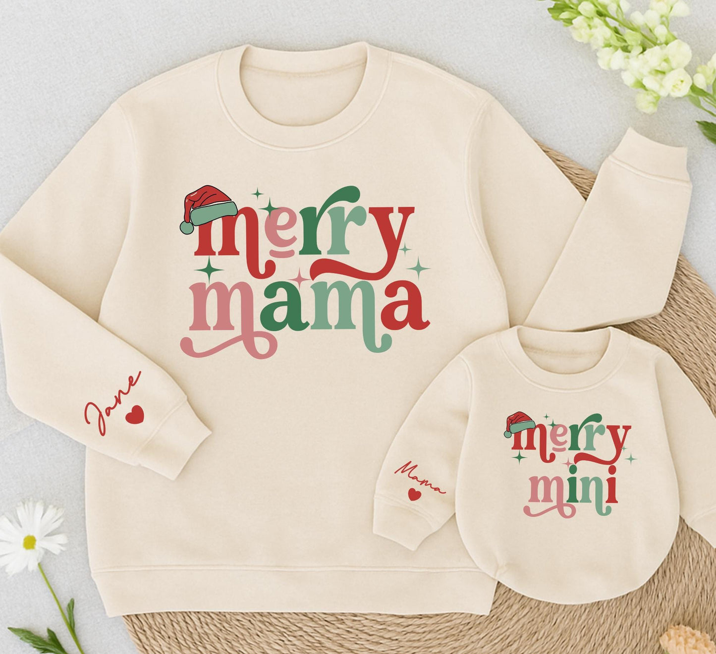 Personalized Merry Mama and Mini Sweatshirt Set, Retro Christmas Matching Outfit, Custom Name, Red and Green Holiday Sweatshirts, Daughter Gift (139)