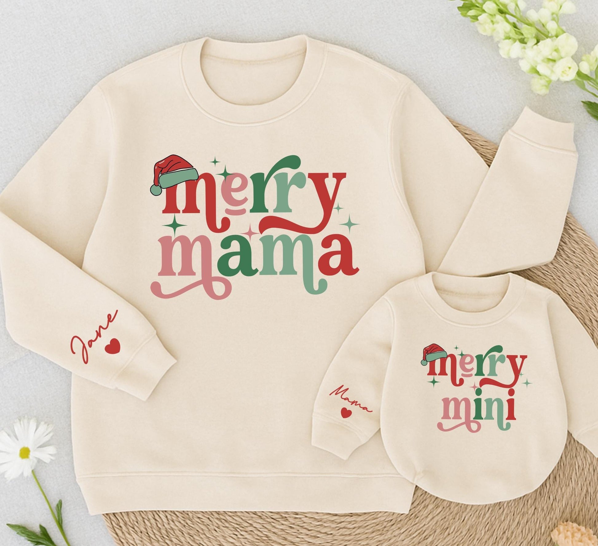 Personalized Merry Mama and Mini Sweatshirt Set, Retro Christmas Matching Outfit, Custom Name, Red and Green Holiday Sweatshirts, Daughter Gift (139)