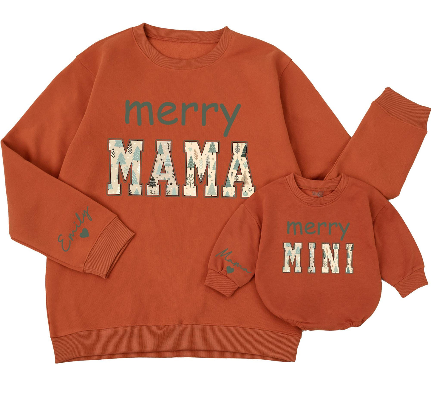 Merry Mama & Mini Matching Christmas Sweatshirts: Green & Winter Pattern, Mom & Baby Girl Outfit, Family Holiday Gift