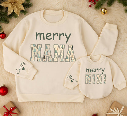 Merry Mama & Mini Matching Christmas Sweatshirts: Green & Winter Pattern, Mom & Baby Girl Outfit, Family Holiday Gift