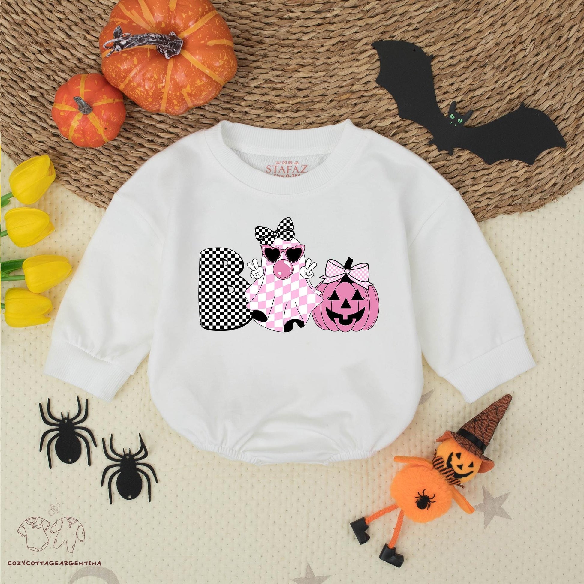 Boo Ghost Halloween Bubble Romper Sweatshirt: Cute Baby Girl Outfit with Checkered Ghost & Jack-o'-Lantern Bows, Trendy Halloween Costume, Fall Baby Clothes